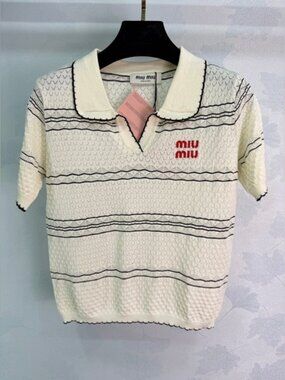 Miu Miu Cream Striped Knit Polo Top Red Logo